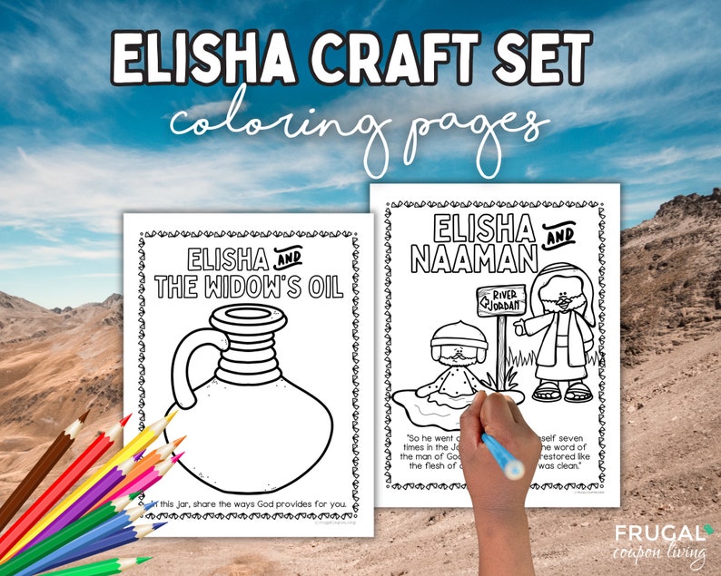 May include: Two black and white coloring pages featuring the biblical story of Elisha. The first page depicts Elisha and the widow's oil, with a large oil jar. The second page shows Elisha and Naaman, with Naaman dipping in the Jordan River. The text "River Jordan" is written on a sign.
