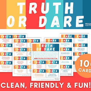 May include: A set of 100 Truth or Dare cards with colorful backgrounds. The cards are printed with various questions and dares. The cards are designed for a fun game night with friends and family.