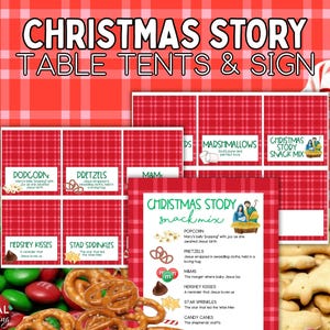May include: A set of printable Christmas story table tents and a sign featuring a red plaid background. The cards include text labels for snacks like popcorn, pretzels, M&Ms, Hershey Kisses, and star sprinkles, each with a religious description.