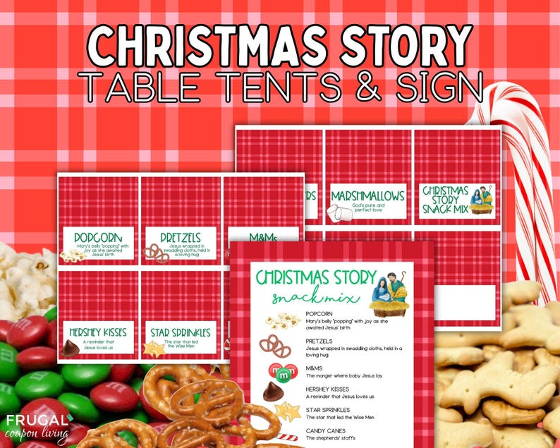May include: A set of printable Christmas story table tents and a sign featuring a red plaid background. The cards include text labels for snacks like popcorn, pretzels, M&Ms, Hershey Kisses, and star sprinkles, each with a religious description.
