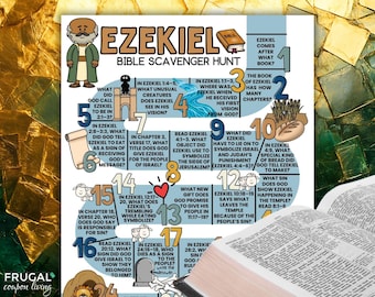 May include: A colorful Bible scavenger hunt poster with the title "Ezekiel." The poster features cartoon illustrations and questions about the Book of Ezekiel, with a partially visible open Bible in the foreground.