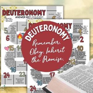 May include: Two colorful educational posters about the book of Deuteronomy, with the text "Remember. Obey. Inherit the Promise." A Bible is open in the foreground. The posters have various questions and answers.