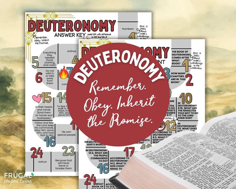 May include: Two colorful educational posters about the book of Deuteronomy, with the text "Remember. Obey. Inherit the Promise." A Bible is open in the foreground. The posters have various questions and answers.