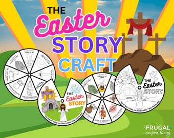 Könnte beinhalten: Ein druckbares Ostergeschichten-Bastelset für Kinder. Das Bastelset enthält ein Rad mit acht Abschnitten, die jeweils eine Szene aus der Ostergeschichte darstellen. Das Rad ist von einem bunten Hintergrund mit den Worten "The Easter Story Craft" umgeben.