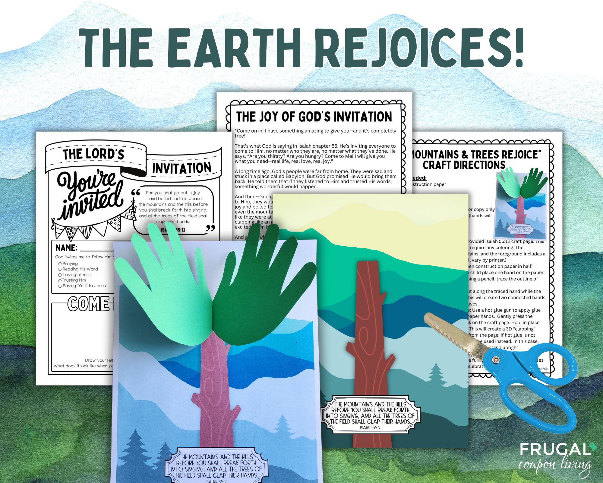 The Mountains and Trees Rejoice Craft, Isaiah 55:12 Bible Craft, Handprint Tree Craft, Earth Day Sunday School Activity, Invitation from God