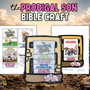Könnte beinhalten: Ein Bibel-Bastelprojekt mit dem Titel "Der verlorene Sohn" mit Illustrationen und Text. Das Design umfasst einen buchförmigen Rahmen mit Tafeln, die die Ereignisse der Geschichte detailliert beschreiben, und eine Schweineillustration. Der Text enthält "Der Sohn verlässt das Haus".
