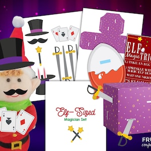 May include: Elf-sized magician set with a plush elf doll wearing a purple and black hat, holding playing cards. The set includes a printable magic trick instructions card, a printable egg box, a printable sword box, and a printable hat. The instructions card says "Elf Magic Trick".