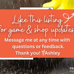 May include: A red background with white text that says "Like this listing for game & shop updates! Message me at any time with questions or feedback. Thank you! Ashley". The background is blurred and there are raindrops falling in the foreground.