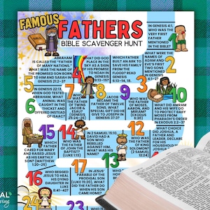 May include: A colorful Bible scavenger hunt poster with the title "Famous Fathers." The poster includes illustrations and questions about biblical figures and events. A book is open in the foreground.