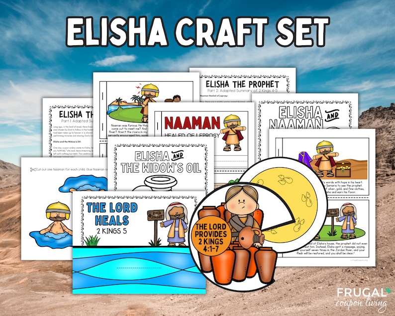 May include: A set of printable crafts for kids featuring the biblical story of Elisha. The crafts include a coloring page, a word search, and a cut-and-paste activity. The crafts are designed to help children learn about the life of Elisha and his miracles.