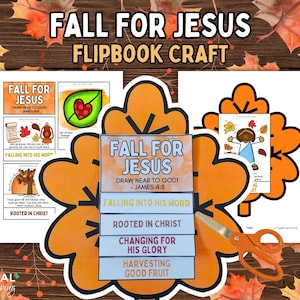 Puede incluir: Un libro desplegable de manualidades con el texto "Fall for Jesus" y ilustraciones otoñales. El diseño incluye una forma de flor naranja con secciones en capas, con frases como "Falling into His Word" y "Rooted in Christ". Se ven unas tijeras.
