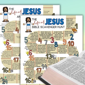 May include: Two printed pages titled "The Life of Jesus Bible Scavenger Hunt" with colorful illustrations and questions. A partially visible open book is in the foreground. The pages are on a light blue background.