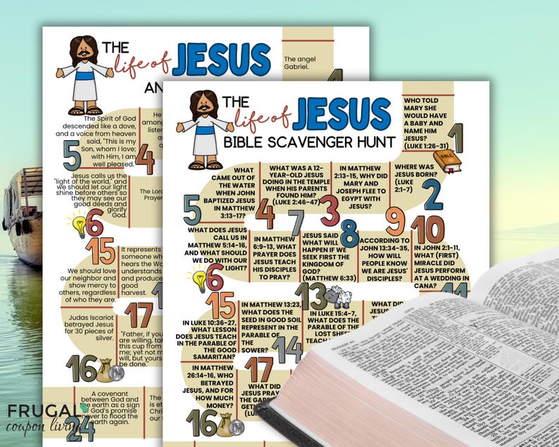 May include: Two printed pages titled "The Life of Jesus Bible Scavenger Hunt" with colorful illustrations and questions. A partially visible open book is in the foreground. The pages are on a light blue background.