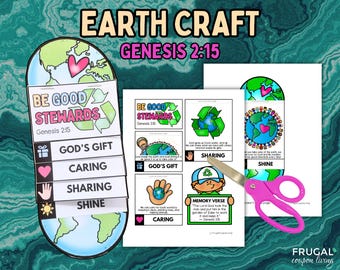 May include: A printable Earth craft for kids with a colorful illustration of the Earth and the words "Be Good Stewards" and "Genesis 2:15". The craft includes a memory verse and activities for sharing, caring, and shining.