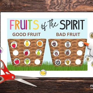 K&ouml;nnte beinhalten: Ein ausdruckbares Arbeitsblatt mit zwei K&ouml;rben, einer mit der Aufschrift "Gutes Obst" und der andere mit "Schlechtes Obst". Jeder Korb hat neun Kreise mit W&ouml;rtern wie "Liebe", "Freude", "Frieden", "Geduld", "Freundlichkeit", "G&uuml;te", "Treue", "Sanftmut" und "Selbstbeherrschung" darin.