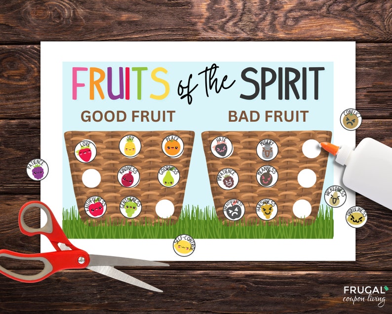 K&ouml;nnte beinhalten: Ein ausdruckbares Arbeitsblatt mit zwei K&ouml;rben, einer mit der Aufschrift "Gutes Obst" und der andere mit "Schlechtes Obst". Jeder Korb hat neun Kreise mit W&ouml;rtern wie "Liebe", "Freude", "Frieden", "Geduld", "Freundlichkeit", "G&uuml;te", "Treue", "Sanftmut" und "Selbstbeherrschung" darin.