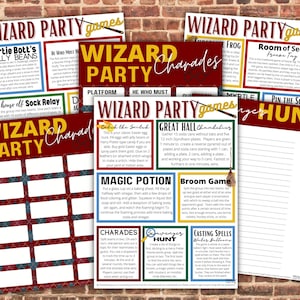 Può includere: Un set di carte da gioco stampabili per una festa a tema Harry Potter. Le carte presentano giochi come "Bertie Bott's Jelly Beans", "House Elf Sock Relay", "He Who Must Not Be Named", "Wizard Charades", "Catch the Snitch", "Great Hall Chandeliers", "Magic Potion", "Broom Game", "Charades", "Scavenger Hunt", "Casting Spells Water Balloons", "Choose the Frog", "Room of Secrets Freeze Tag", "Myrtle", "Pin the Scar Hunt".