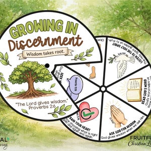 Może przedstawiać: Kolorowe, ilustrowane koło z napisami "Growing in Discernment" i "Wisdom takes root". Koło przedstawia drzewo, gołębia, otwartą książkę i inne symbole religijne. Tekst zawiera "The Lord gives wisdom" i "Train your heart."