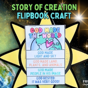 7 Days of Creation Story, In the Beginning... Genesis 1 & 2, Creation Bible Story Flipbook + Coloring Page, Creation Craft Activity for Kids