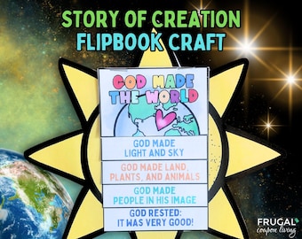 7 Days of Creation Story, In the Beginning... Genesis 1 & 2, Creation Bible Story Flipbook + Coloring Page, Creation Craft Activity for Kids