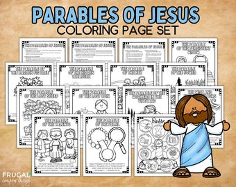 May include: A collection of black and white coloring pages titled Parables of Jesus Coloring Page Set, featuring various illustrations of biblical parables, including the lost sheep, lost coin, and pearl, with a cartoon figure of Jesus in the corner.