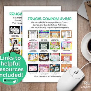 May include: A printable resource guide with links to free Bible scavenger hunts, church games, and Sunday school activities. The guide features a colorful grid of images representing different activities, such as a prayer cube craft, a nativity wheel, and a story of creation wheel.