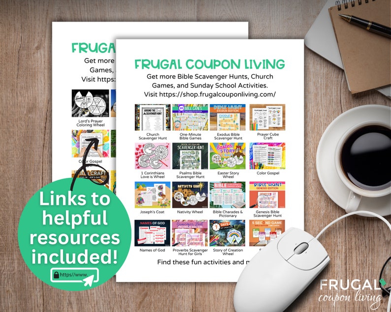 May include: A printable resource guide with links to free Bible scavenger hunts, church games, and Sunday school activities. The guide features a colorful grid of images representing different activities, such as a prayer cube craft, a nativity wheel, and a story of creation wheel.