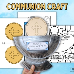 May include: A printable communion craft for kids. The craft includes a printable bread and wine template, a printable cross, and a printable verse from Luke 22:19. The craft is a fun and educational way to teach children about the sacrament of communion.