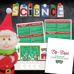 May include: A festive image featuring a plush elf wearing safety goggles, with the word "SCIENCE" spelled out above. Several activity cards with Christmas-themed science experiments are visible, including "Reindeer Balloon Rockets" and "Candy Cane Chemistry".