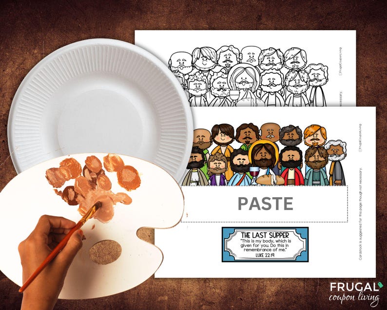 May include: A printable craft activity for kids featuring a black and white illustration of Jesus and his disciples at the Last Supper. The printable includes a quote from Luke 22:19, "This is my body, which is given for you. Do this in remembrance of me."
