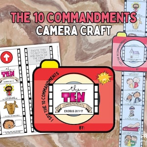 May include: A red camera-shaped craft with the text "The 10 Commandments Camera Craft." Includes strips with illustrations and text from Exodus 20:1-17. A fun, educational activity for children.