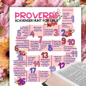 Könnte beinhalten: Ein rosa-lilafarbener, druckbarer Schnitzeljagd für Mädchen, die auf dem Buch der Sprichwörter basiert. Die Schnitzeljagd hat 19 Fragen mit Antworten aus dem Buch der Sprichwörter.