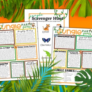 May include: A printable set of jungle-themed party games for kids. The games include "Monkey on a Vine", "Catch a Tiger Tail", "Banana Peel Challenge", "Lily Pad Relay", "Animal Eating Contest", "Jungle Scavenger Hunt", "Human Elephant Relay", "Save the Baby Obstacle Course", "Clear the Snakes", "Monkey Say Do", "Elephant Peanut Push", and "Jungle Games Supplies".