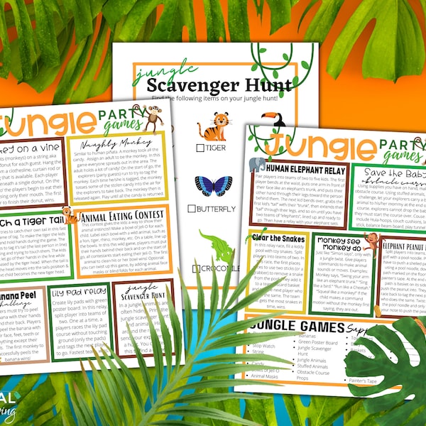Jungle Party Games |  Safari Birthday Party Activities for Kids with Instructions & Supply List |  Safari Party Printable Digital Download