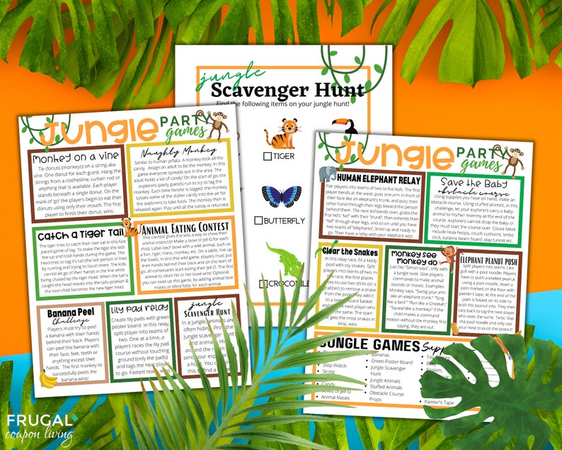 May include: A printable set of jungle-themed party games for kids. The games include "Monkey on a Vine", "Catch a Tiger Tail", "Banana Peel Challenge", "Lily Pad Relay", "Animal Eating Contest", "Jungle Scavenger Hunt", "Human Elephant Relay", "Save the Baby Obstacle Course", "Clear the Snakes", "Monkey Say Do", "Elephant Peanut Push", and "Jungle Games Supplies".