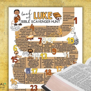 Puede incluir: Un colorido póster de búsqueda del tesoro bíblico con el texto "Libro de Lucas" e ilustraciones. El póster incluye preguntas y referencias del Evangelio de Lucas, con un libro abierto parcialmente visible en primer plano.