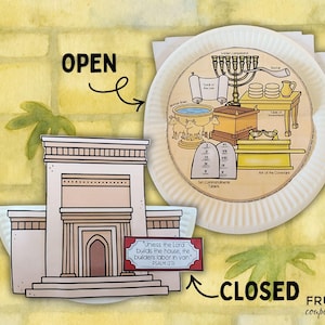 May include: A paper plate craft with an illustrated biblical scene, including a menorah, ark, and tablets. The words "OPEN" and "CLOSED" are written on the image, along with the text "Unless the Lord builds the house, the builders labor in vain. Psalm 127:1."