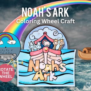 Noah&#39;s Ark Kids Printable Coloring Wheel Craft, Genesis 6-9 Religious Activity, Noah&#39;s Ark Animals, Flood, & Rainbow Bible Story Spinner