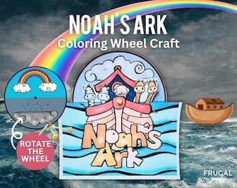 Noah's Ark Kids Printable Coloring Wheel Craft, Genesis 6-9 Religious Activity, Noah's Ark Animals, Flood, & Rainbow Bible Story Spinner