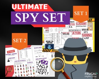 以下が含まれることがあります： Ultimate Spy Set、Set 1、Set 2、Top Secret、Secret Agent Training Manual、Find the Suspects、Shoe Print Expertというテキストと虫眼鏡のアイコンが描かれた、印刷可能なスパイアクティビティキットの2セット。