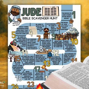 May include: A colorful Bible scavenger hunt poster with the title "Jude" and various questions and references from the Book of Jude. Includes illustrations of biblical figures and scenes, with the text "Defending the faith!" and "Frugal coupon living".