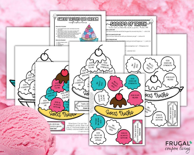 Puede incluir: Una colecci&oacute;n de hojas de actividades imprimibles con gr&aacute;ficos de helados y texto que incluye Sweet Truths, God loves me, God gives me strength y God is my helper, junto a una bola de helado rosa en el primer plano.