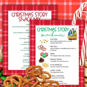 May include: A festive Christmas Story Snack Mix printable with a red and white plaid background. The image includes a candy cane, pretzels, popcorn, M&Ms, and a list of snack mix ingredients with corresponding Bible verses.