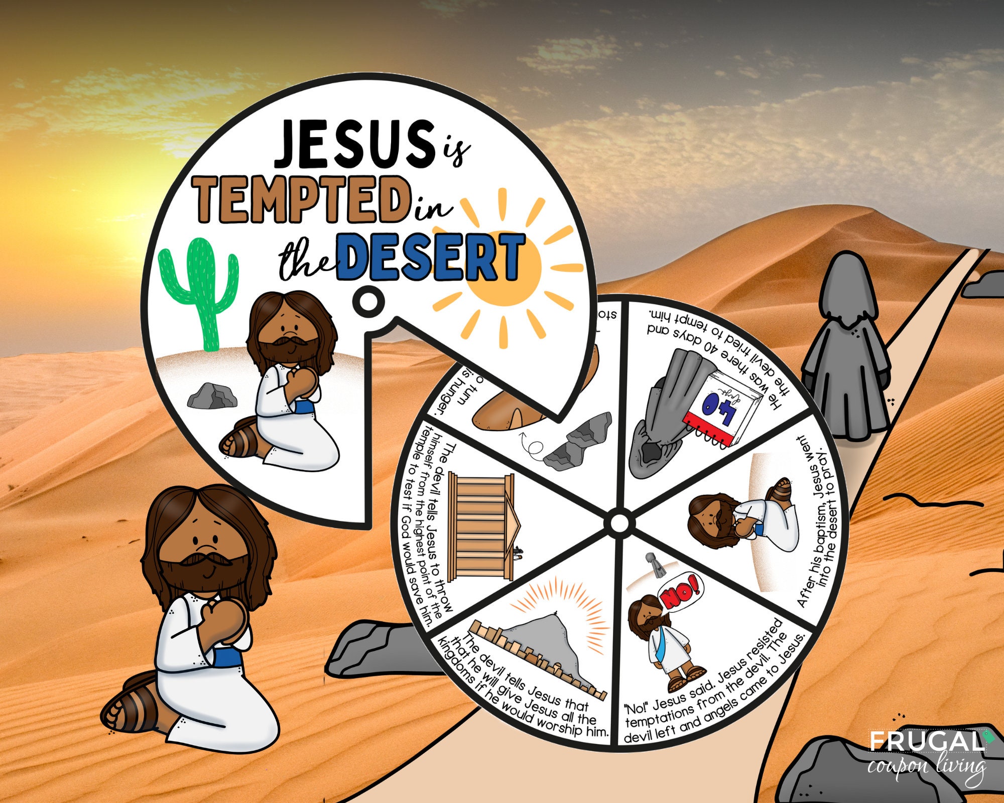 Jesus Tempted in the Desert Bible Wheel Craft, Matthew 4:1-11 Story Coloring Wheel, 40 Days in the Wilderness Temptation Spinner for Kids