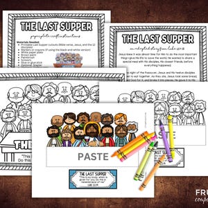 May include: A printable craft activity for kids to learn about the Last Supper. The activity includes a paper plate craft, coloring pages, and a Bible verse. The printable features black and white illustrations of Jesus and his disciples.