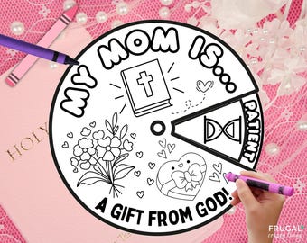 Mother's Day Craft Spinner Wheel, DIY Christian Gift for Mom Printable Coloring Wheel Bible Craft, 8 Bible Verses Mom Sunday School Activity