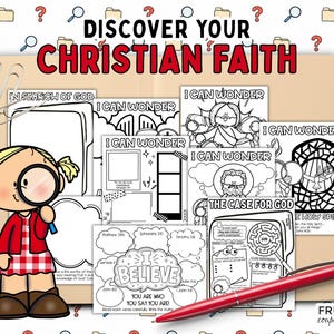 May include: A collection of Christian faith-themed coloring pages and activity sheets. The title "Discover Your Christian Faith" is displayed in red. A cartoon girl with a magnifying glass is on the left. A red pen rests on the pages. The pages include the text "I Can Wonder" and "I Believe".