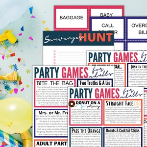 May include: A set of printable party game cards designed for adults. The cards feature titles such as "Bite the Bag", "Two Truths and a Lie", "Donut on a Ring", "Straight Face", "Pass the Orange", "Donuts & Cocktail Sticks", "Junk in the Trunk", and "I'm Going to a Bar".