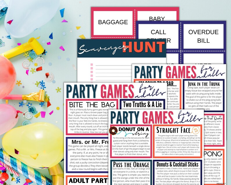 May include: A set of printable party game cards designed for adults. The cards feature titles such as "Bite the Bag", "Two Truths and a Lie", "Donut on a Ring", "Straight Face", "Pass the Orange", "Donuts & Cocktail Sticks", "Junk in the Trunk", and "I'm Going to a Bar".