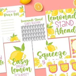 May include: A collection of printable lemonade stand signs and materials. The designs feature yellow lemons, green leaves, and playful fonts. Includes signs that say "Lemonade Stand," "Freshly Squeezed Lemonade," and "Lemonade Stand Ahead."